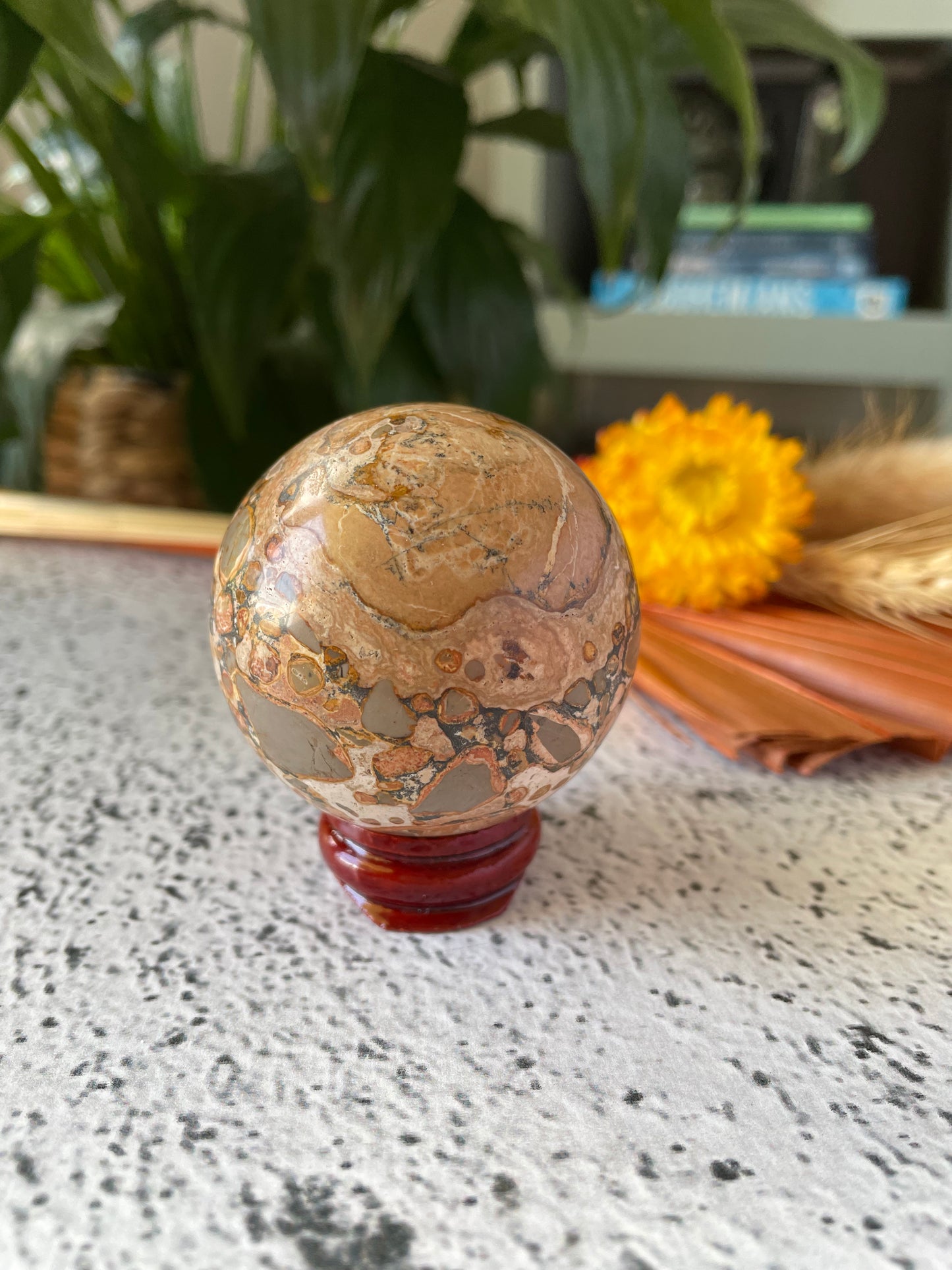 Leopard Skin Jasper Sphere Includes Wooden Holder