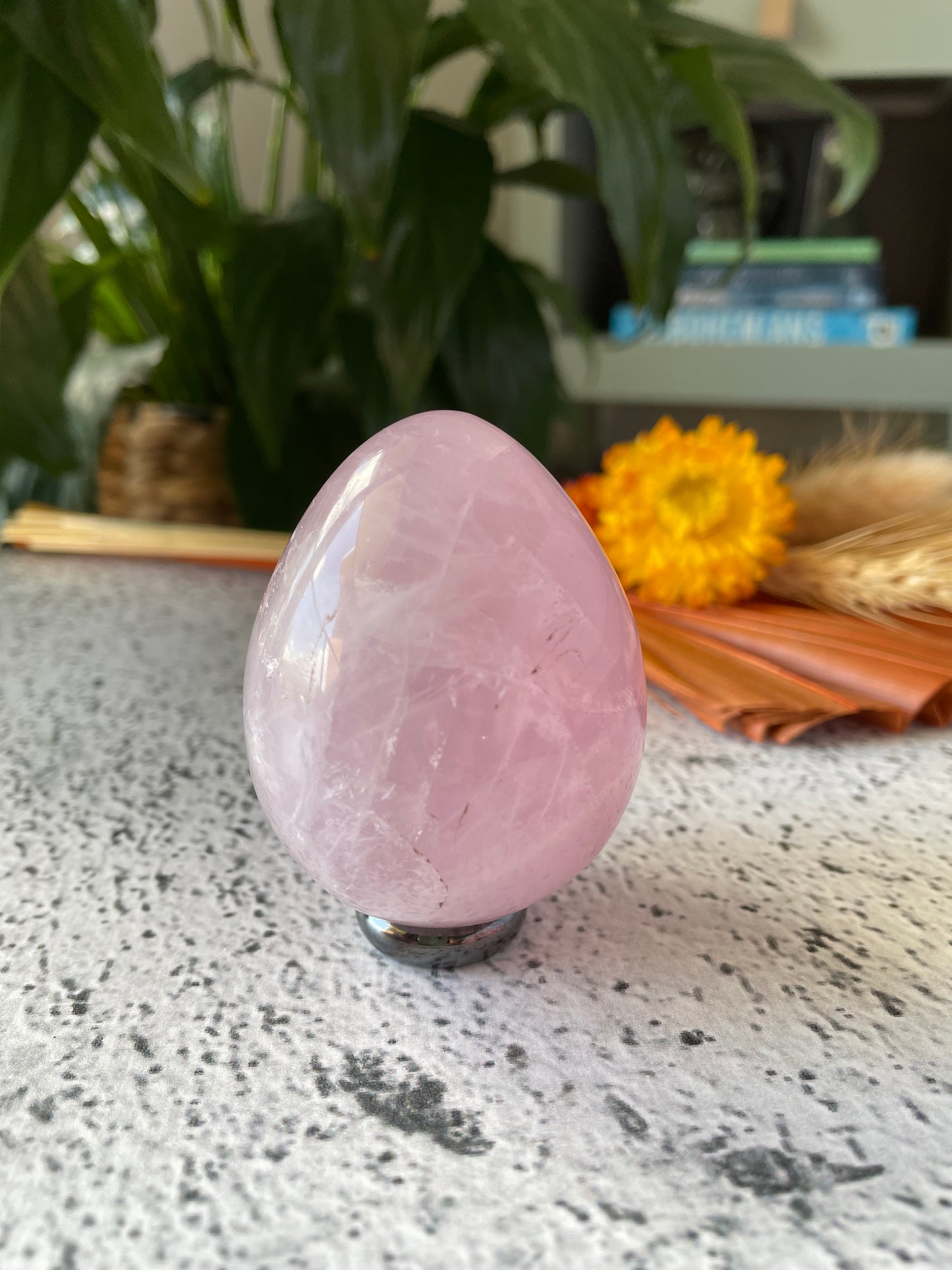 Rose Quartz Egg Includes Hematite Ring