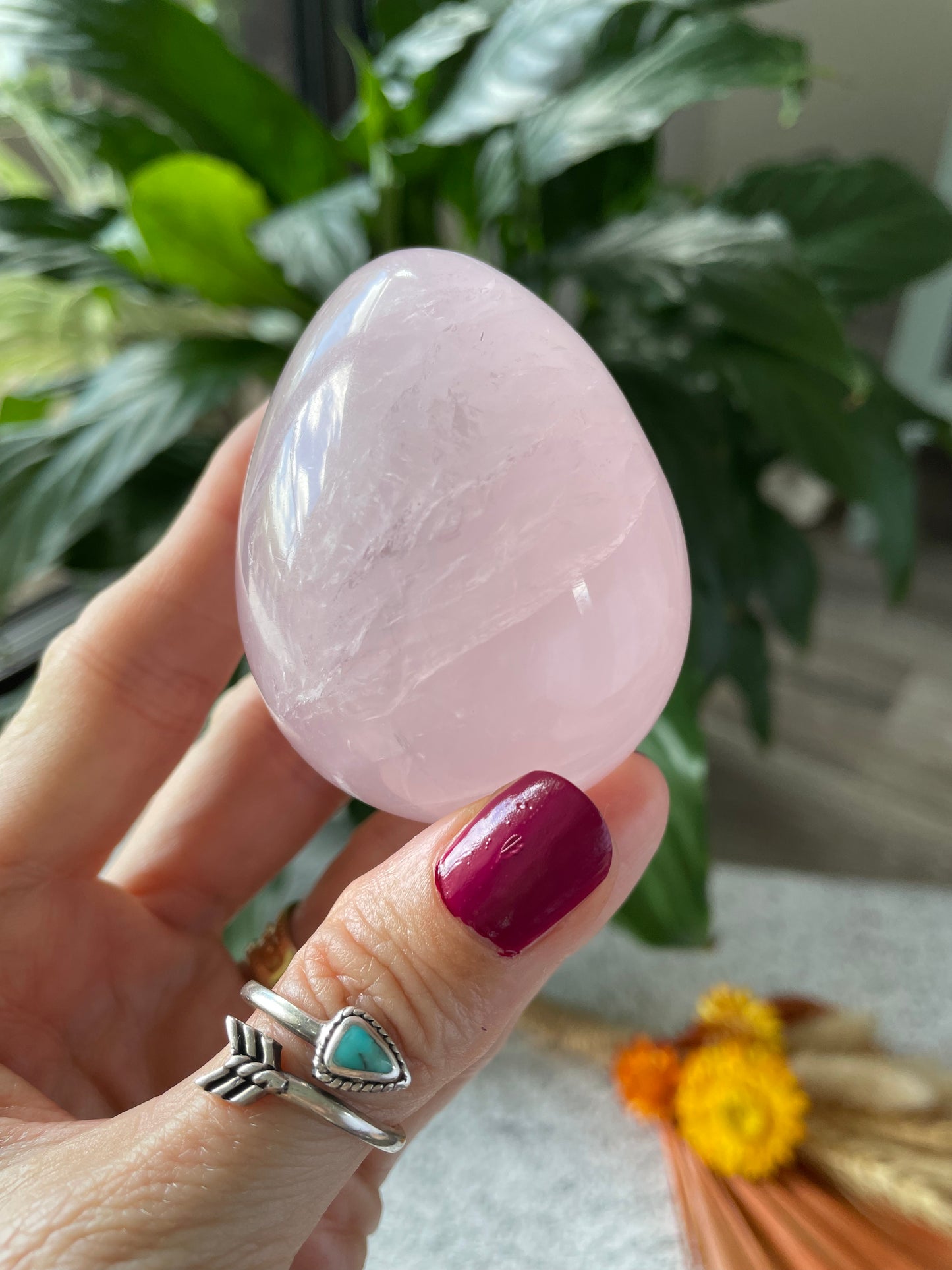 Rose Quartz Egg Includes Hematite Ring